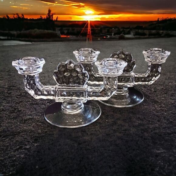 Fostoria American Clear Candlesticks Glass Double Holders Vintage Art Deco Pair. - Picture 8 of 16